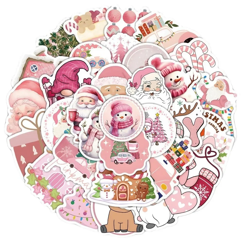 50PCS Cute Pink Christmas Santa Claus Snowman Decorations Graffiti Stickers For Luggage Phone Case Laptop Anime Worlds Store