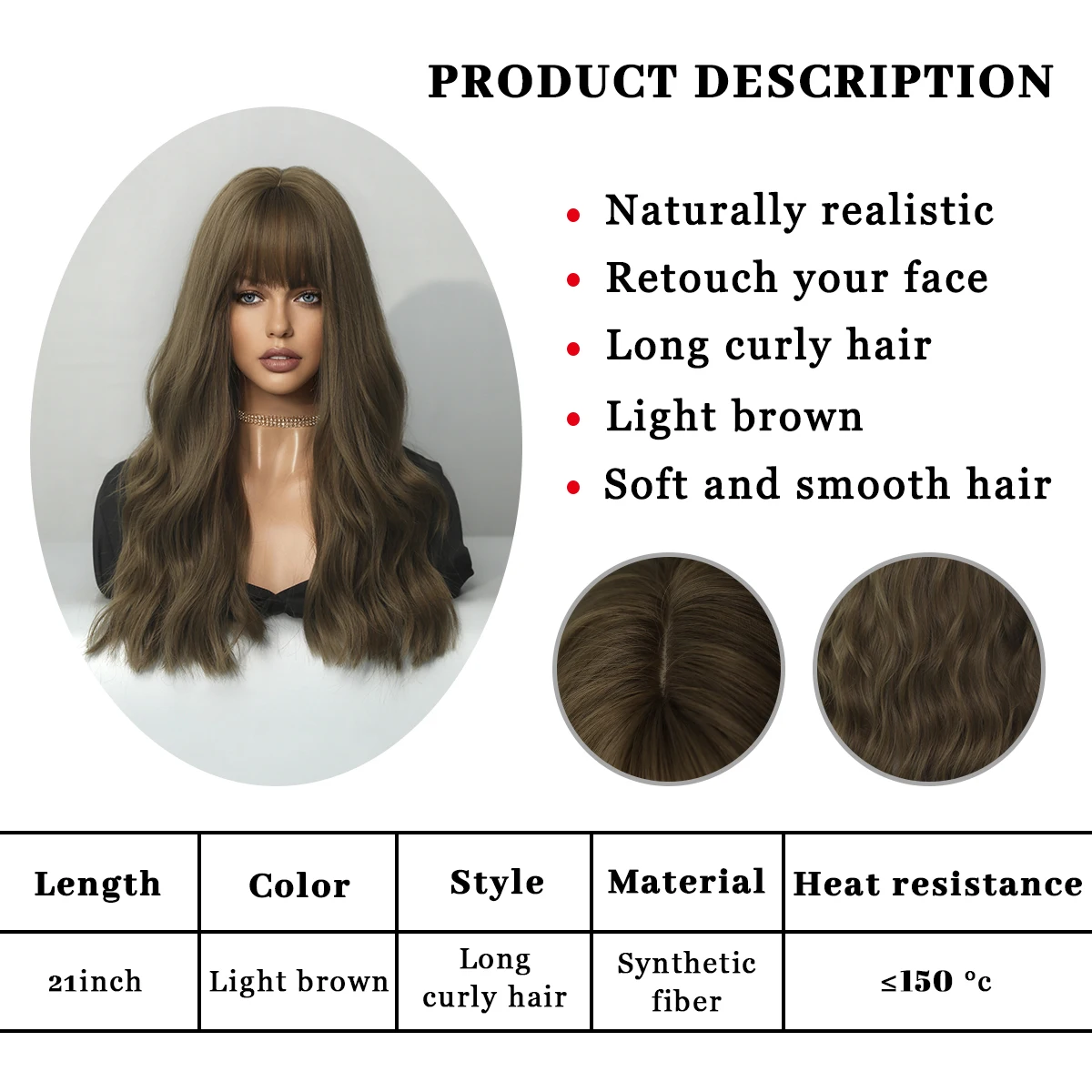 Long Wavy Synthetic Wig with Bangs for Women Body Dark Brown Wave  Wigs Cosplay Daily Lolita Medium Natural Hair Heat Resistant