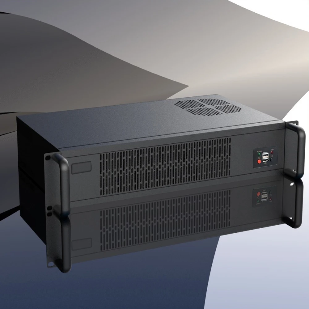 2U rackmount mini industrial control server, supports direct hard drive installation, and features a quiet cooling fan.