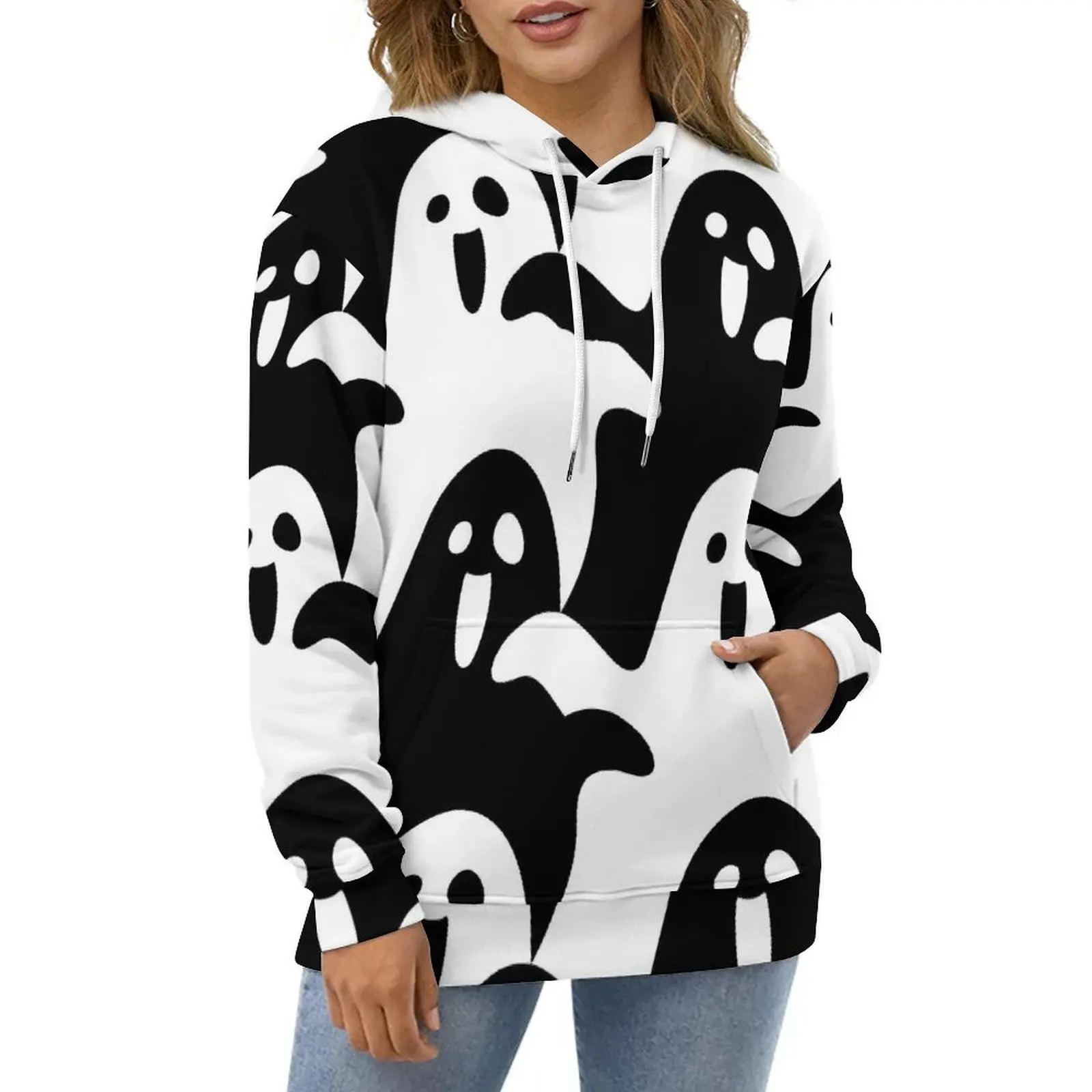 

Spooky Scary Ghosts Casual Hoodies Black And White Aesthetic Design Loose Hoodie Winter Long-Sleeve Harajuku Oversize Clothing