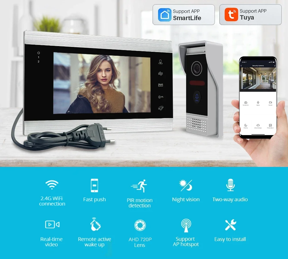720P Video Door Phone Home Intercom System Wireless WiFi Tuya Smart Video Doorbell 7 Inch With Wired Video intercom