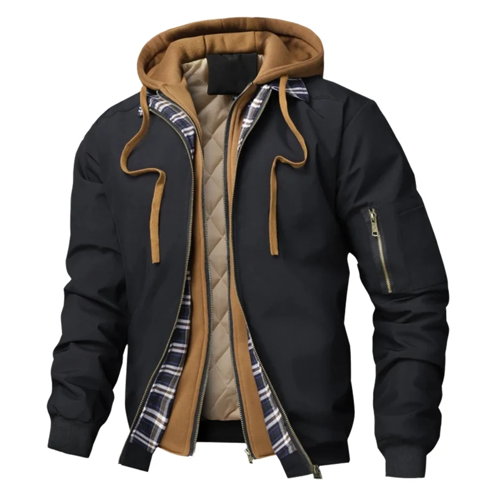 Herbst Winter Herren Warme Winddichte Jacke Outdoor Dicke Windbreaker Wanderjacke mit Kapuze Herren Thermische Sport-Reißverschluss-Parka J