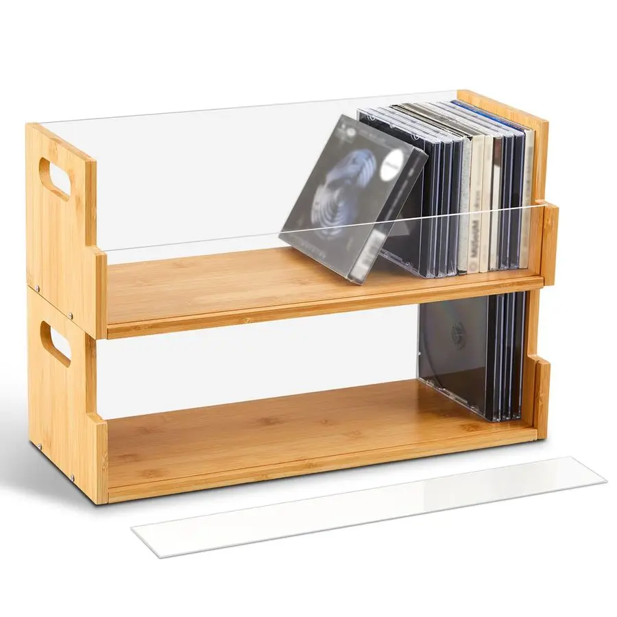 

Деревянный органайзер для CD-дисков и кассет с бамбуковыми и акриловыми прозрачными полками и ручками для переноски