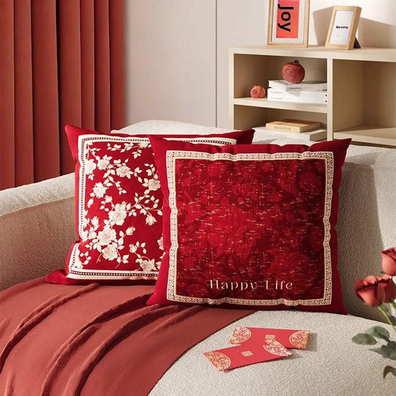 

Red Wedding Sofa Pillow with Core And Cover Quilted Fabric Bedroom Living Room Decorative Pillow Trendy Home Decor