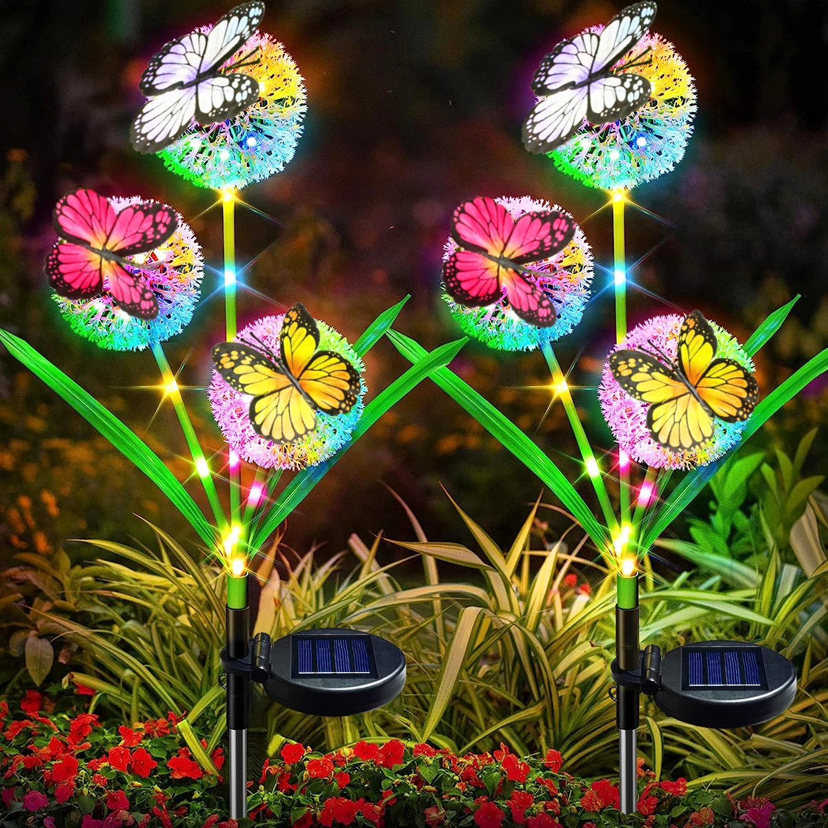 

1pc Outdoor solar powered three headed onion ball butterfly courtyard light, suitable for garden, yard, and lawn decoration