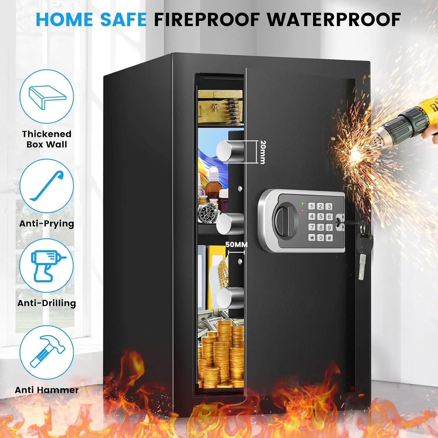 3.2 Cuft Safe Box, Home Safes Water and Fireproof, Security Digital Safes Box with Electronic Keypad Spare Key, Smart Alert, Mut