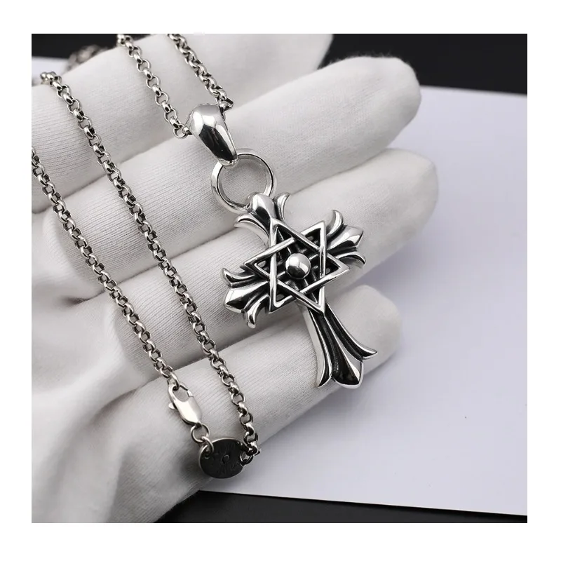 

Crowe Vintage Hexagram Cross Necklace Punk Old Style Design Hipster Men's and Women's Versatile Necklace