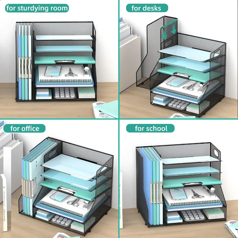 منظم مكتب سهل مع حامل ملفات، صينية حروف ورقية شبكية مكونة من 5 طبقات مع حامل مجلات ومنظم سطح المكتب والتخزين للمكتب أ