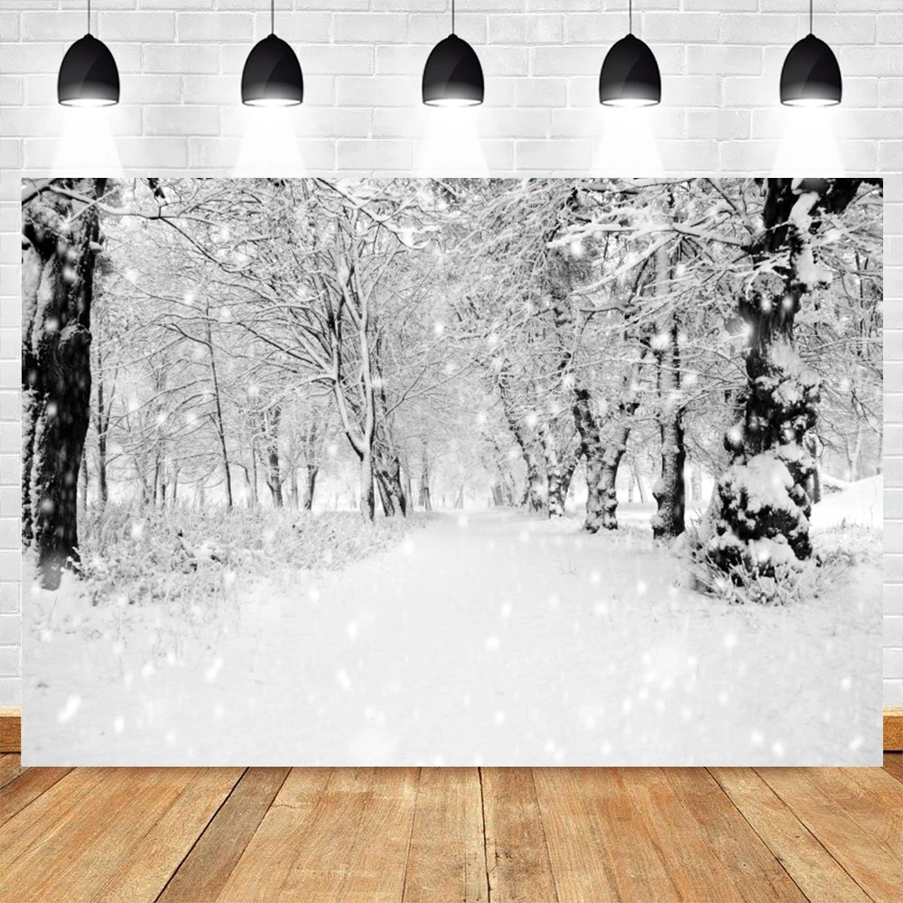 Winter Photography Backdrop Glitter White Snow Forest Pine Tree Christmas Holiday Party Decor Background Photo Studio Props