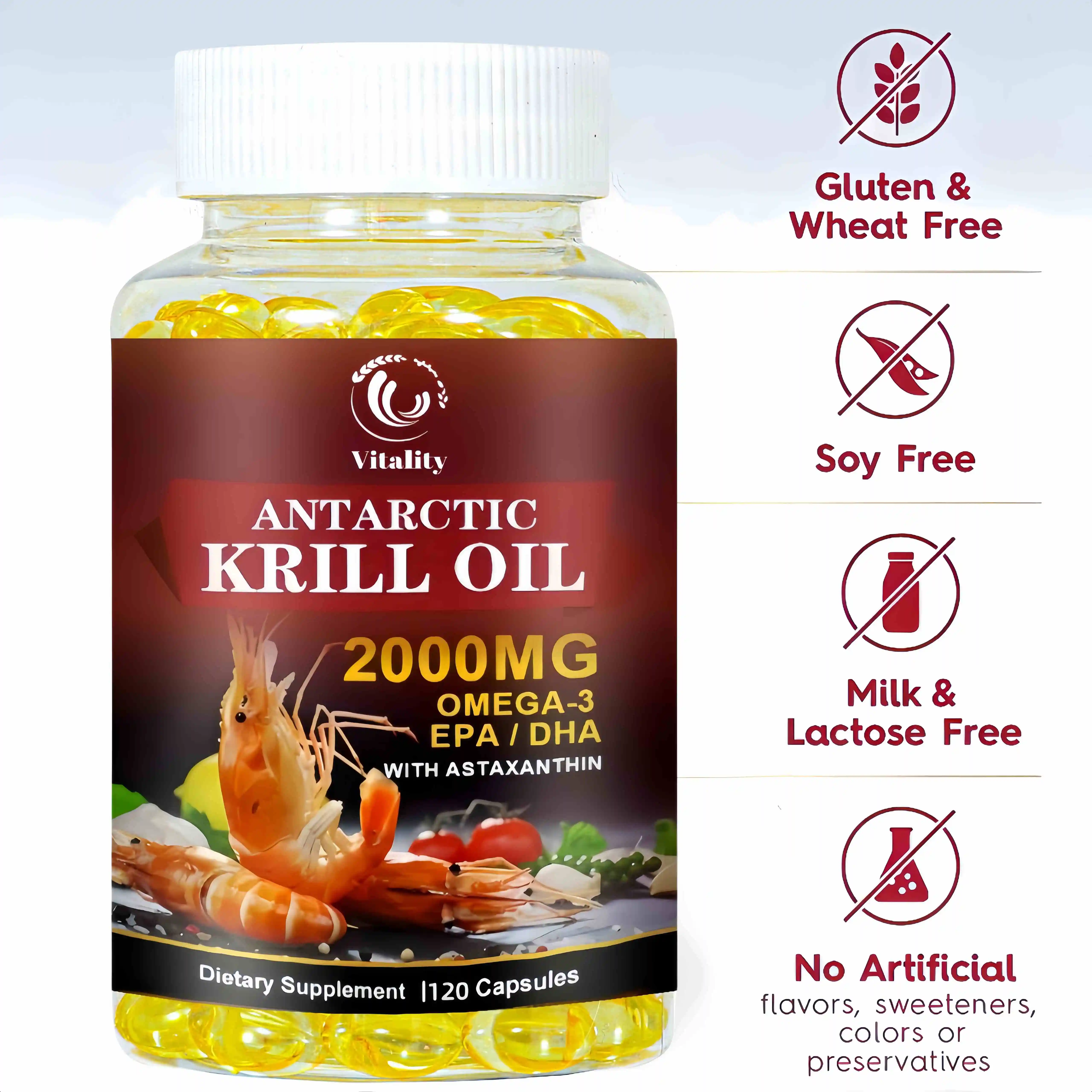 Antarctic krill แคปซูลน้ำมัน2000มก. กับ Omega-3s EPA, DHA, astaxanthin และ phospholipids, Non GMO - 120 Softgels