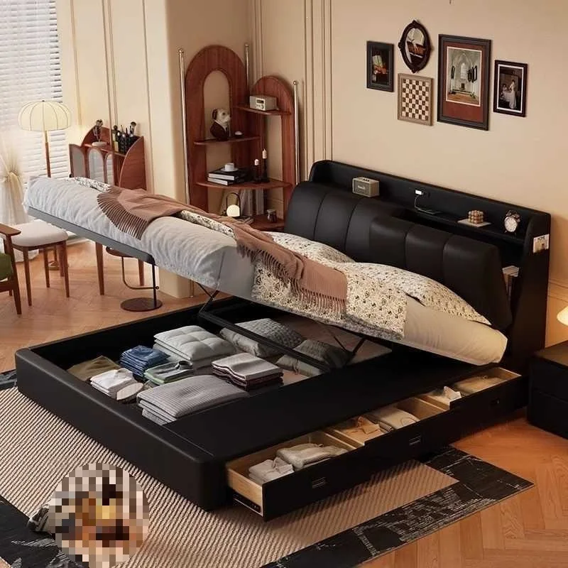Light luxury minimalist modern genuine leather bed, 2.2m cream-style high-end grand double bed, 2m master bedroom home soft bed 4