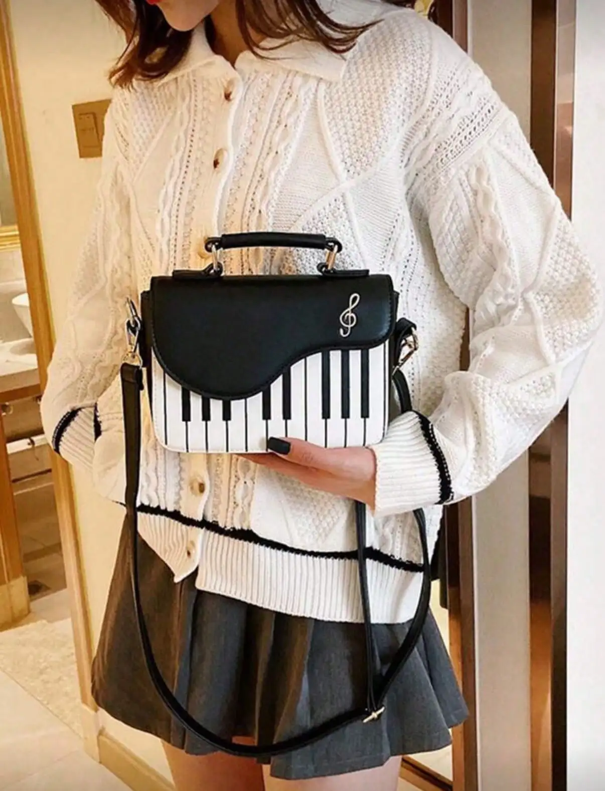 Mini Piano Key Pattern Flap Square Bag Piano Guitar Music Notes Handbag, Creative PU Leather Tote Bag, Crossbody Bag For Women Girls , Small Bags
