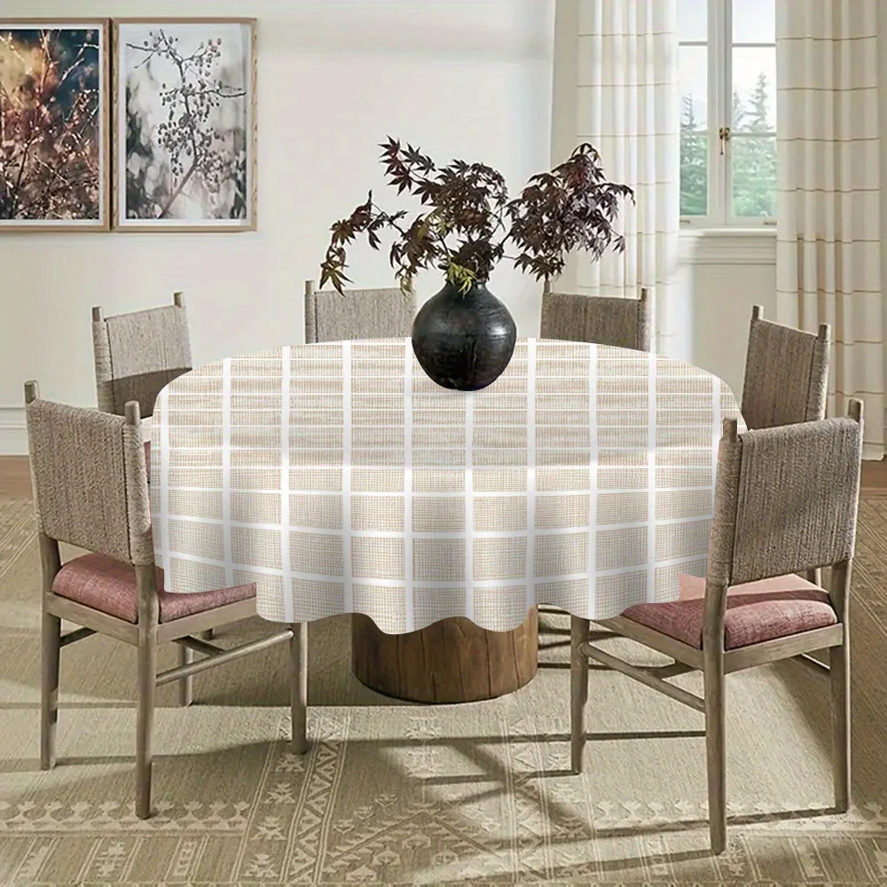One cream-colored grid-pattern round tablecloth, specially designed for household round tables.