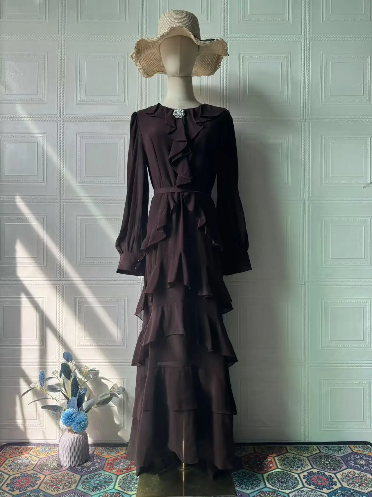 Elegant Solid Layered Ruffle Long Dress Women O Neck Long Sleeve Belt Chiffon Maxi Dress Autumn Wedding Guest Evening Party Robe