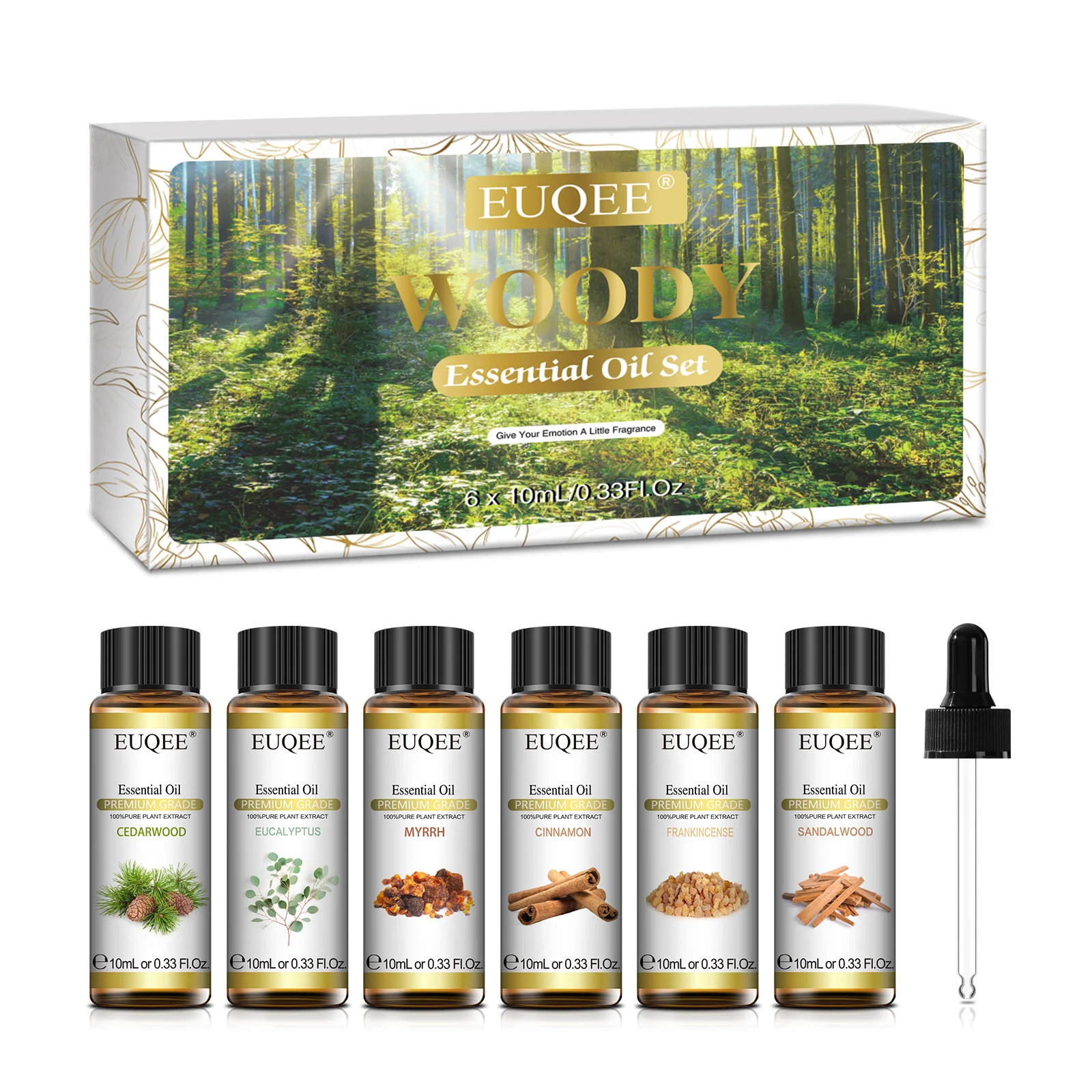 EUQEE 6 Bottles Woody Series Essential Oils Set For Aromatherapy-Eucalyptus Cedarwood Sandalwood Frankincense Cinnamon Myrrh