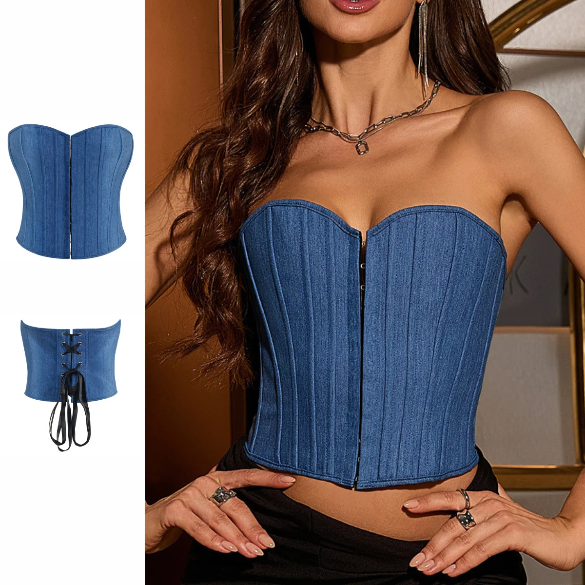 

Denim Vintage Strapless Corset Crop Tops Bra Push-up Corsets for Women Street Style Bustier Shapewear Lingerie Overbust Harajuku