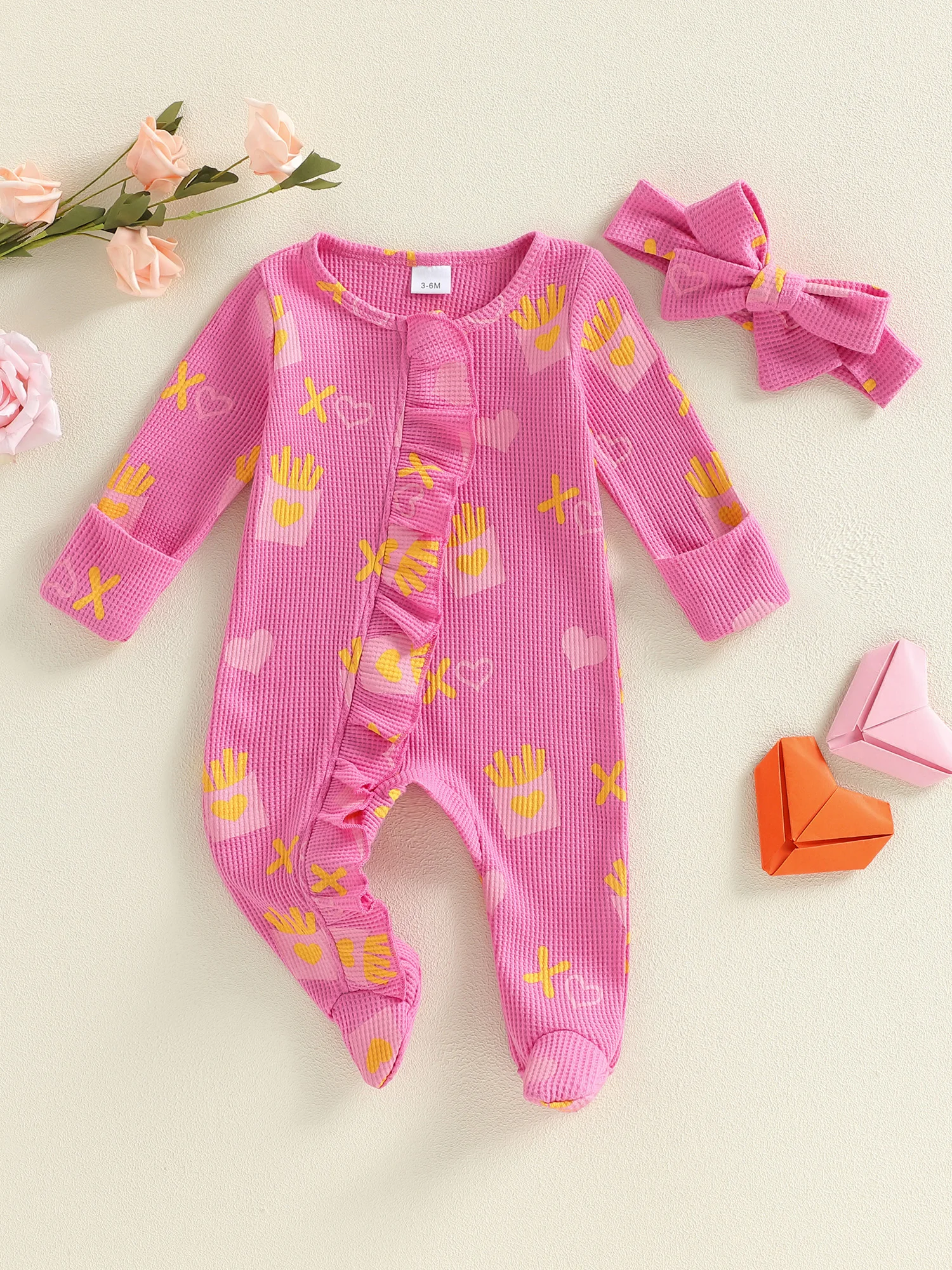 Toddler Girls Set Short Sleeve Round Neck Ice Cream Cone Print Romper with Ruffle Shorts and Matching Headband Summer Outfit