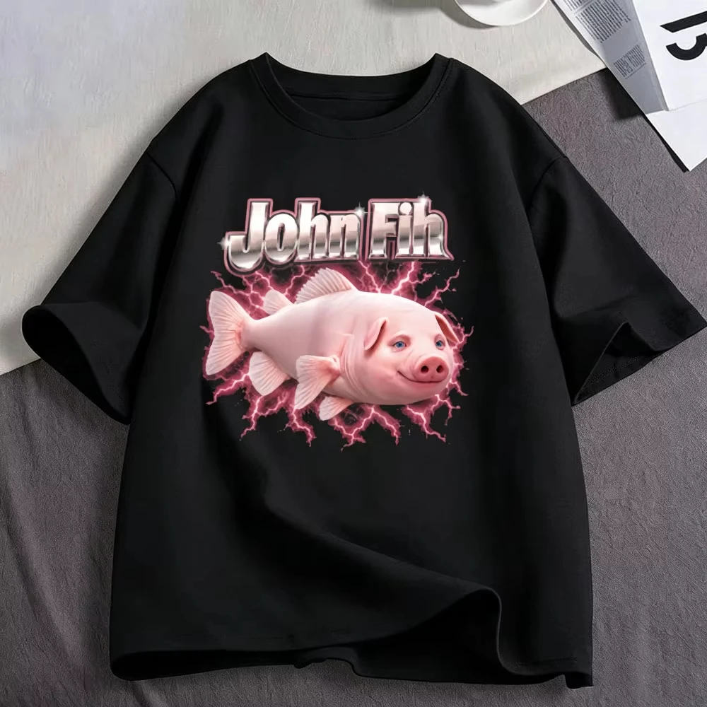 Funny John Pork Fih Is Calling Brainrot Fish Meme T Shirts Men's Clothing Fashion Cotton Casual Oversized Short Sleeve T-shirts