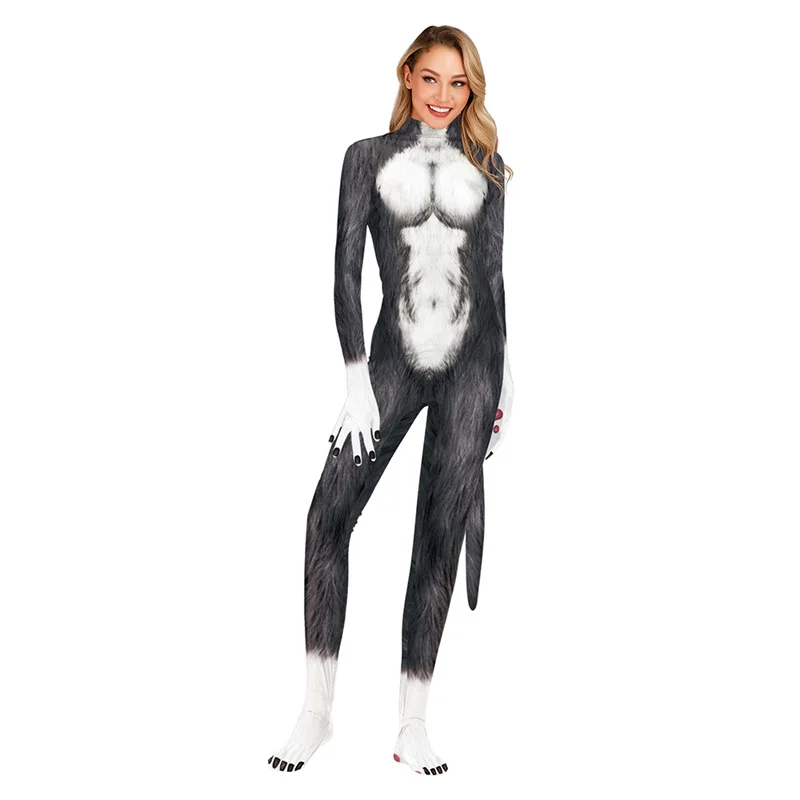 2023 Creative Cosplay Animal Husky Wolf Beast Costumes Unisex Full Cover Elastic Party Bodysuit Zentai with Tail Jumpsuits