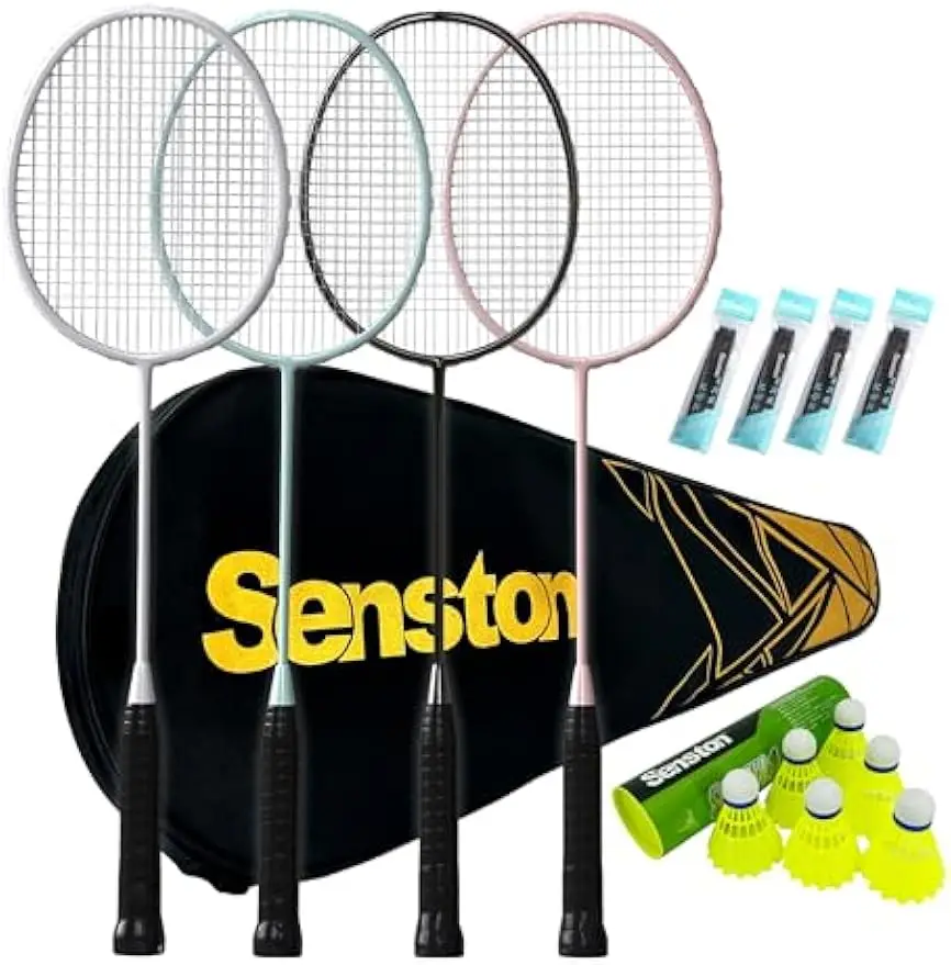 4-Piece Carbon Fiber Badminton Set with Rackets, Shuttlecocks, Grips & Bag - Lightweight 90g for Backyard Games