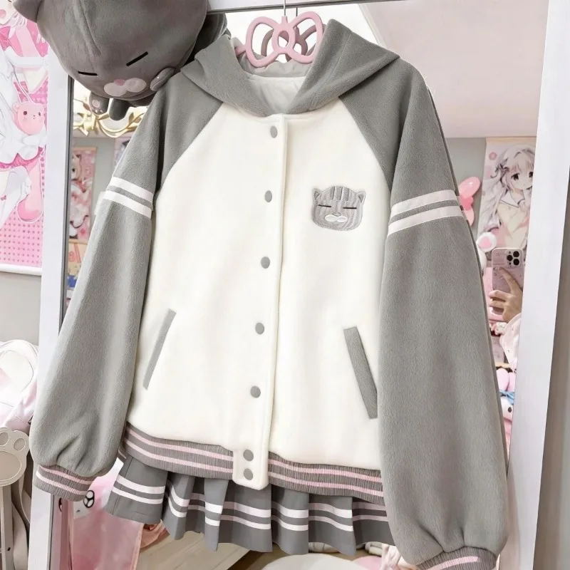

Japanese Cat Embroidery Cute Soft Patchwork Woolen Baseball Jacket for Women Varsity Jacket Clothes Spring Autumn Coat Clothes