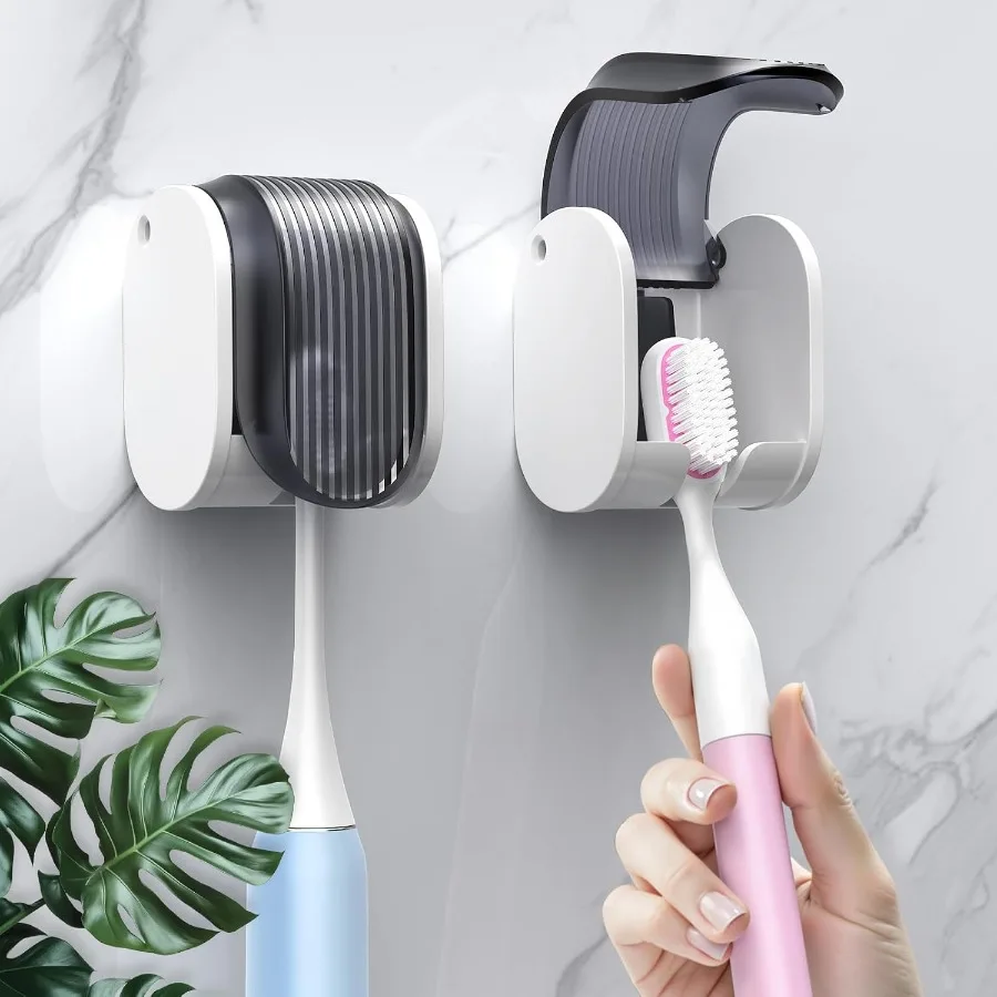 

2 Pcs Toothbrush Holders Wall Mounted Single Slot Design Shower Self Adhesive Wall Mounted Toothbrush Holder with Cover Waterpr