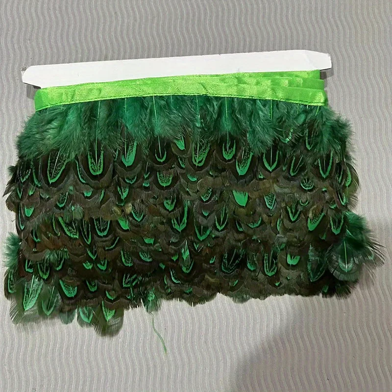 

Wholesale 10M Green Pheasant Feather Fringe Trim Natural Small Feathers on Tape Peacock Feather Tassel Ribbon for Sewing Decor