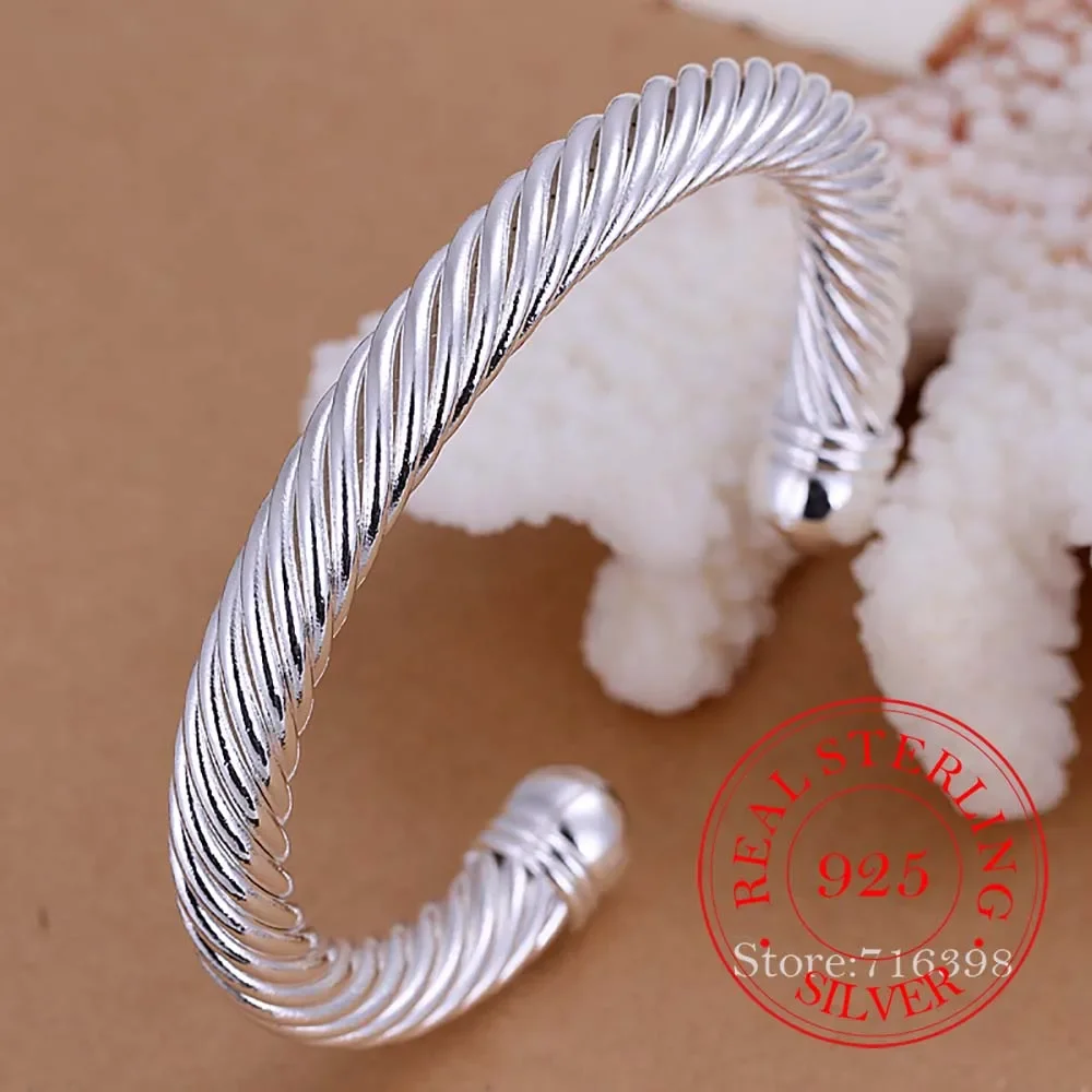 925 Sterling Silver Bangles Men Twisted Cable Wire Bracelet Antique Brand Vintage Bangles Christmas Gifts Womens Cuff Bracelet