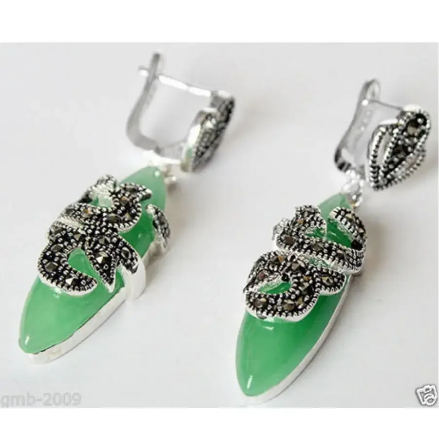

VINTAGE 925 STERLING SILVER NATURAL GREEN Quartzite stone MARCASITE EARRINGS