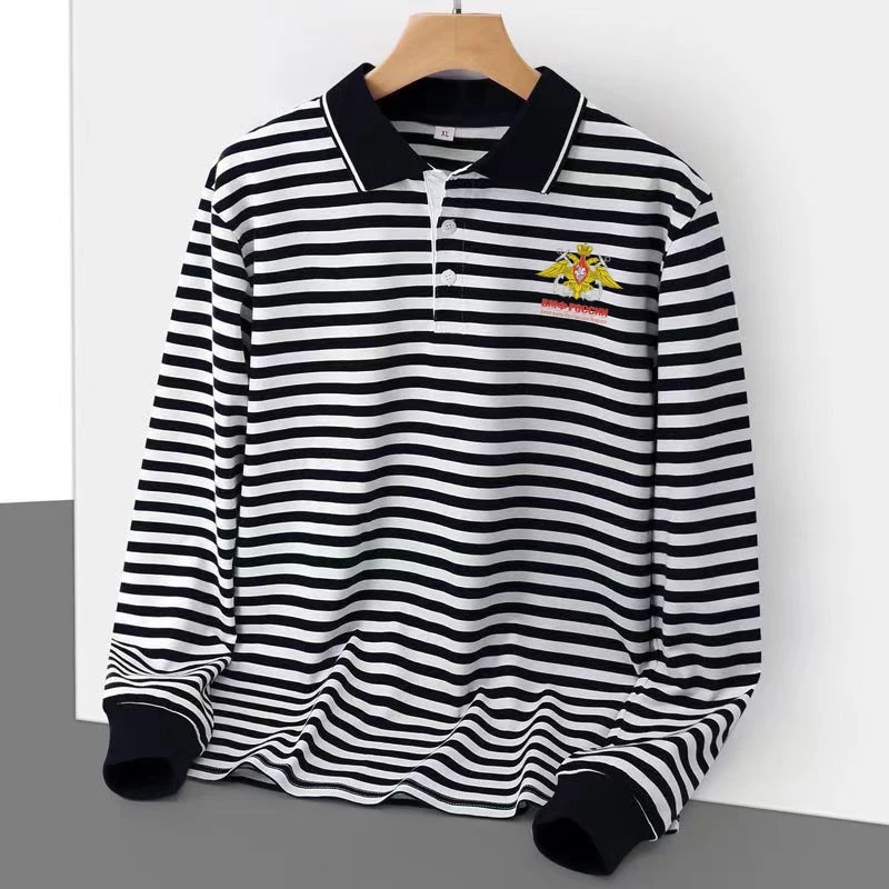 Russian Naval Jack Flag Emblem Sailor Stripes Polo Shirts 100% Cotton Long Sleeve Mens Striped T-Shirt Telnyashka Top view 4