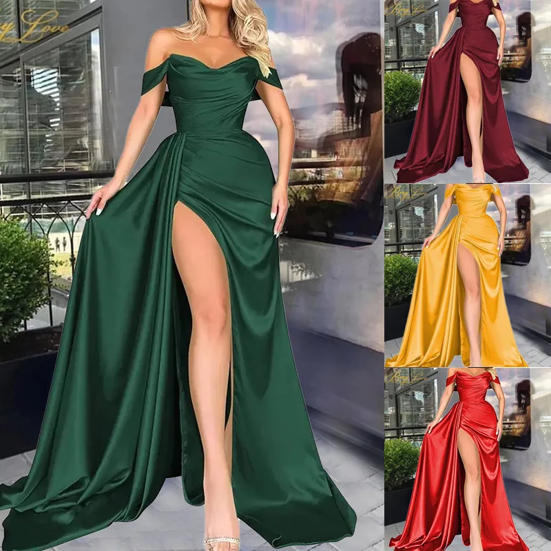 Sexy Long Satin Prom Dresses Strapless Slit Mermaid Pleated Corset Back Dresses Promress Abendkleider vestidos de gala