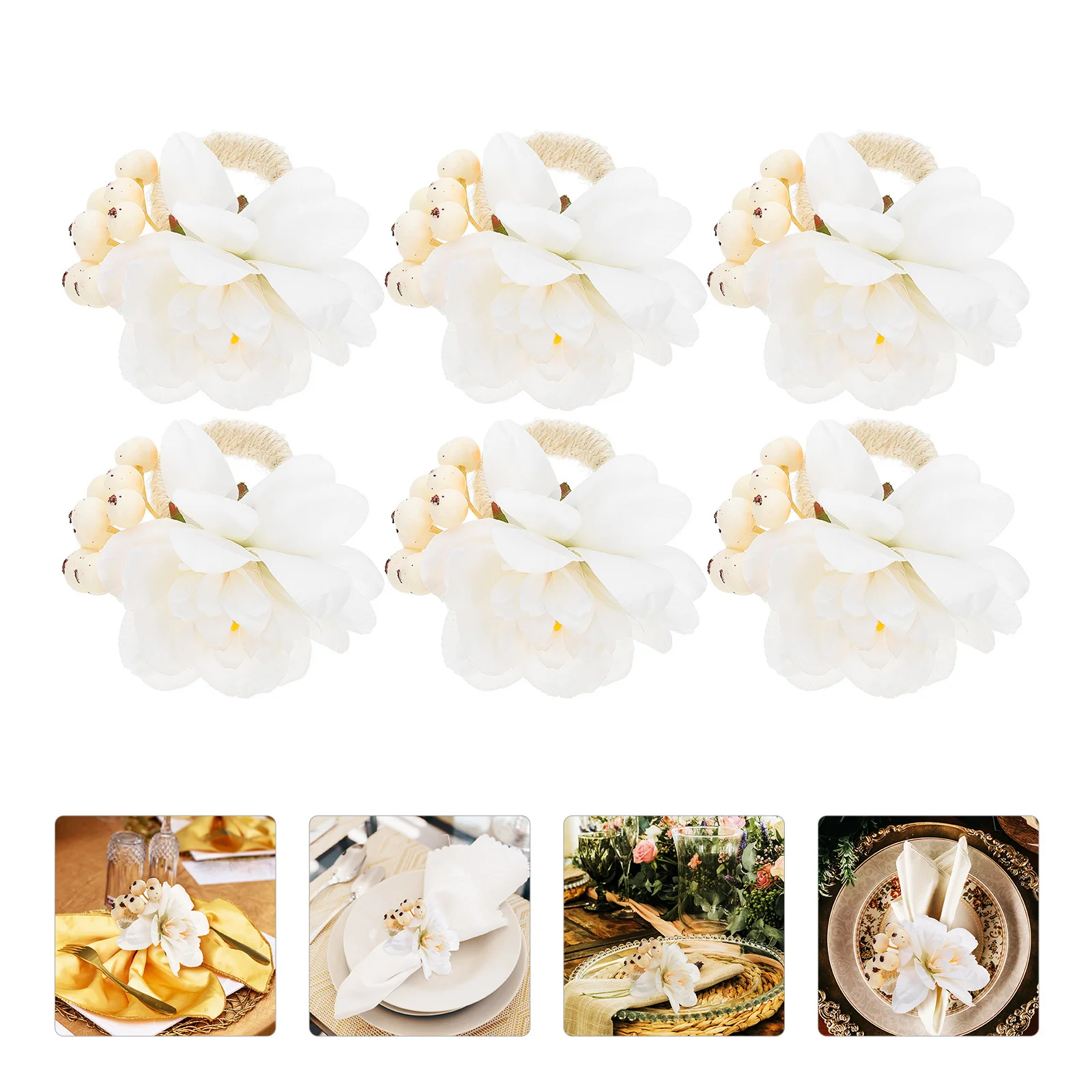 

6pcs Napkin Rings Beige Artificial Flower Design Table Decorations for Wedding Dinner Party Holidays Home Kitchen Bar