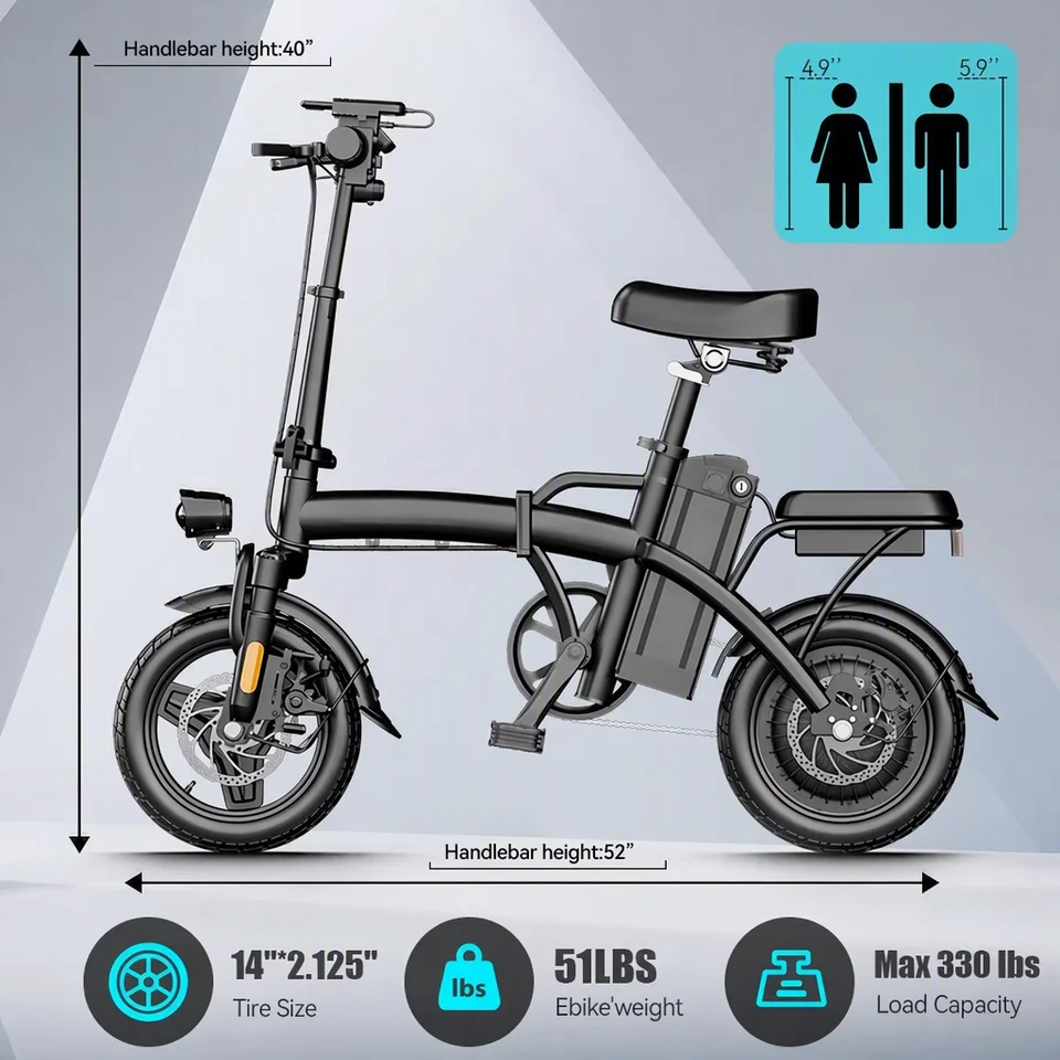 14 Inch Foldable Electric Bicycle 500W Motor 19.9MPH Max Speed Removable Battery 3 Riding Modes Dual Suspension Commuter Folding E Bike image 8