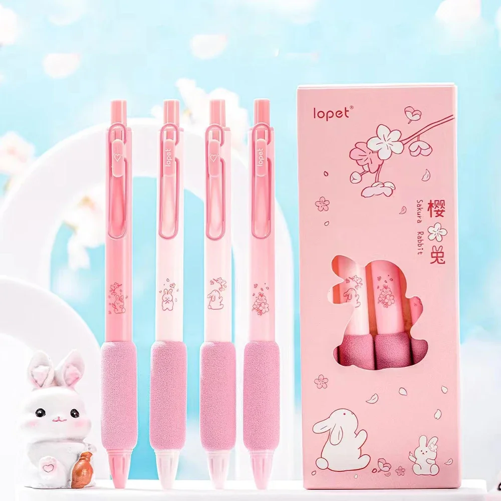 

4Pcs/Box Cute Sakura Bunny Press Gel Pen Students Writing Pens 0.5mm Black Ink Pens Stationery