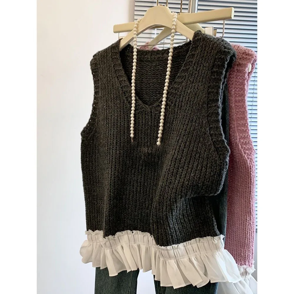 2026年春秋新作 韓国ファッション ベスト フリルニットブラウス＆トップス レディース セーターベスト レディース服 ベーストップス