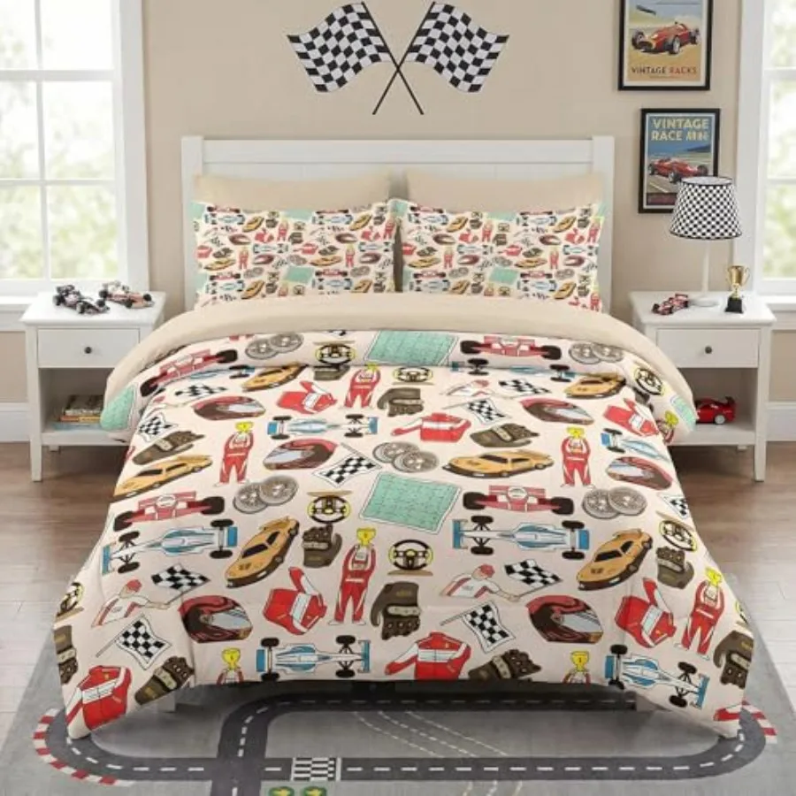 

Comforter Set Size Racing Car Competition 5 Pcs Bedding for and Adults Race Game Cute Wheel Bed Sheet Sets with Fitted Sheet Pi