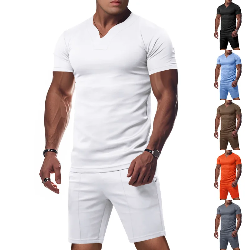 

2025 Summer Men's Sport Suit British Young Style V-Collar Short Sleeve Outdoor Sports Quick-Drying T-shirt Shorts Casual Suit