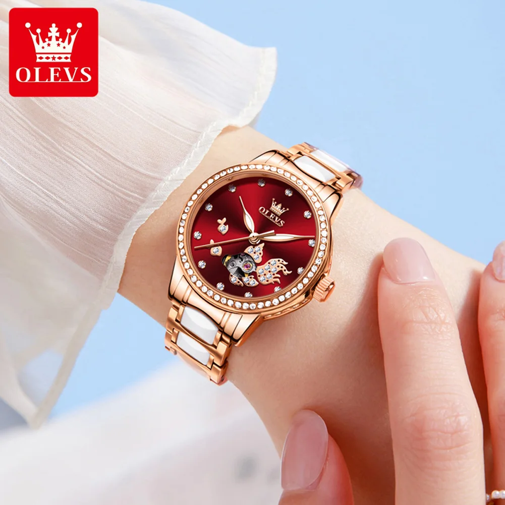 OLEVS  Watch for Women Automatic Mechanical Stainless Steel Ceramic Watchband Ladies Wrist Watch Diamond Skeleton Dress Watch