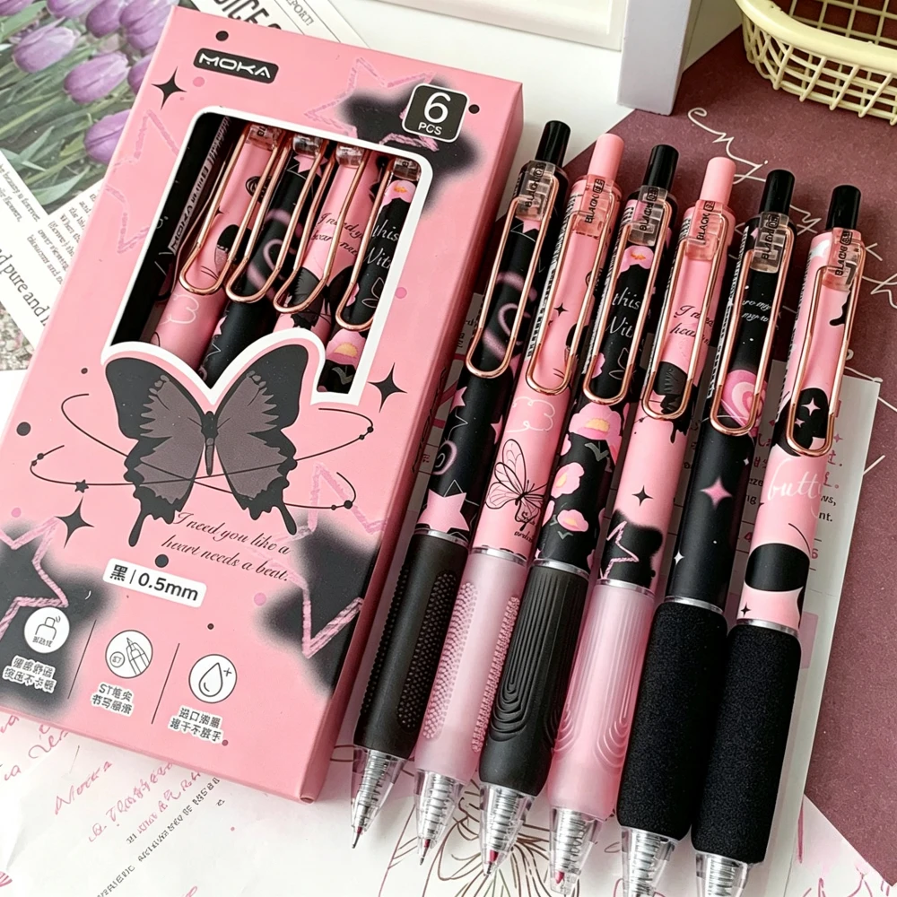 Stylo Gel Papillon 6 Pièces/Ensemble, Pointe ST, Stylo Esthétique 0,5 mm, Encre Noire à Séchage Rapide, Stylo d'Écriture Kawaii, Papeterie Scolaire et de Bureau