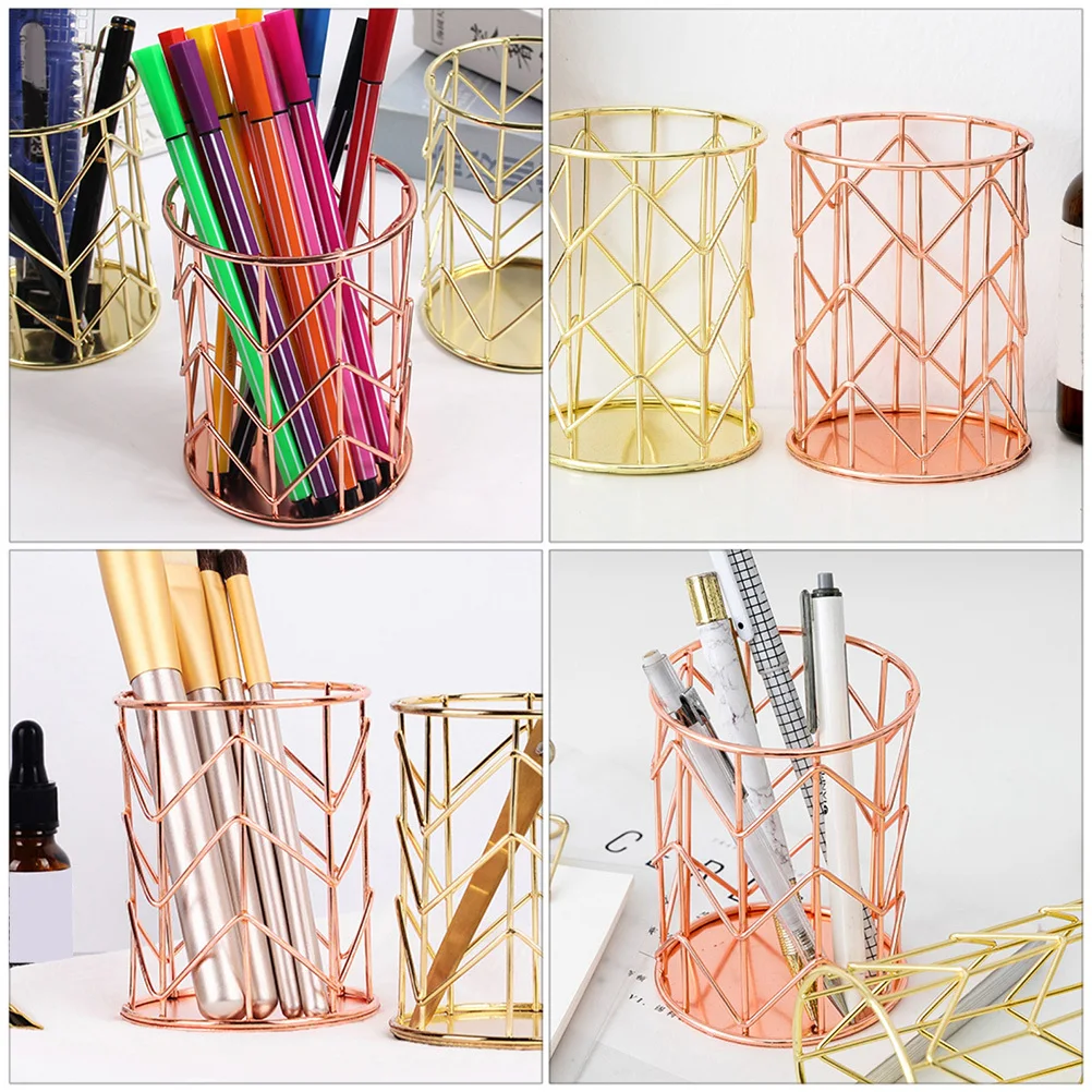 

1pc Gold Plated Pen Holder Rust Resistant Desktop Storage Organizer Makeup Brush Container Iron Craft Tableware Chopsticks Cage