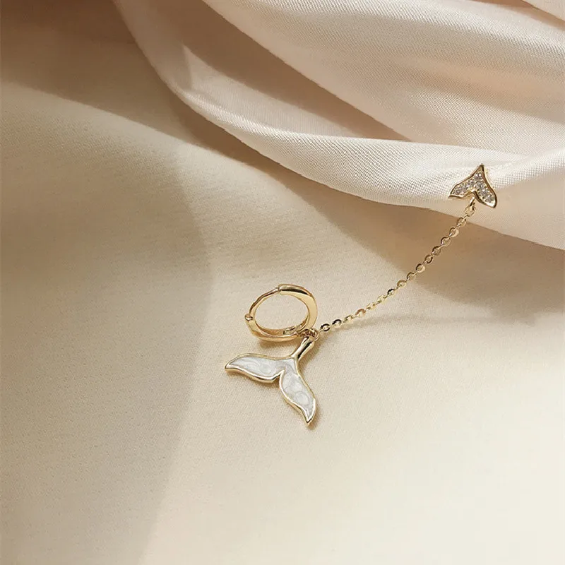 LIVVY Gold Color Creative Fishtail Zircon Double Ear Piercing Earrings For Woman Luxury Fashion Jewelry Accessories