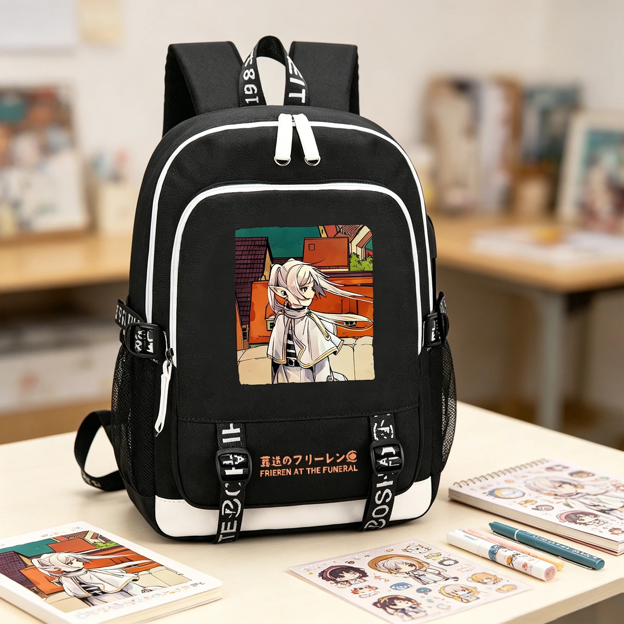 

Anime Frieren Students School Bags Boys Travel Backpack Large Bookbag USB Charging Oxford Laptop Bagpack Women Shoulder Bags