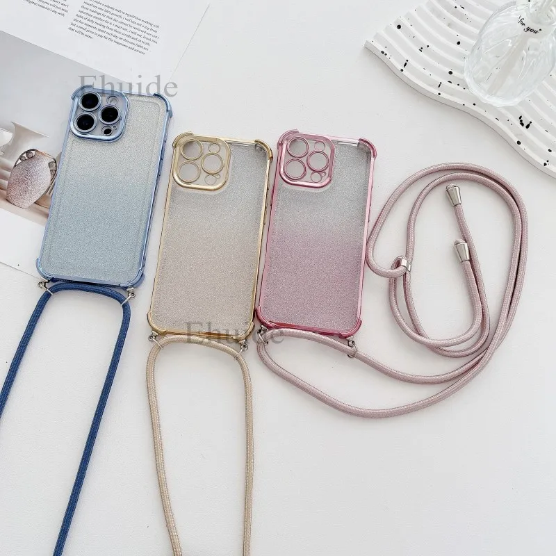 Plating Strap Case For iPhone 16 Pro Max 15 11 13 12 14 X XS 7 8 Plus Glitter Shockproof Clear TPU Crossbody Cord Lanyard Cover