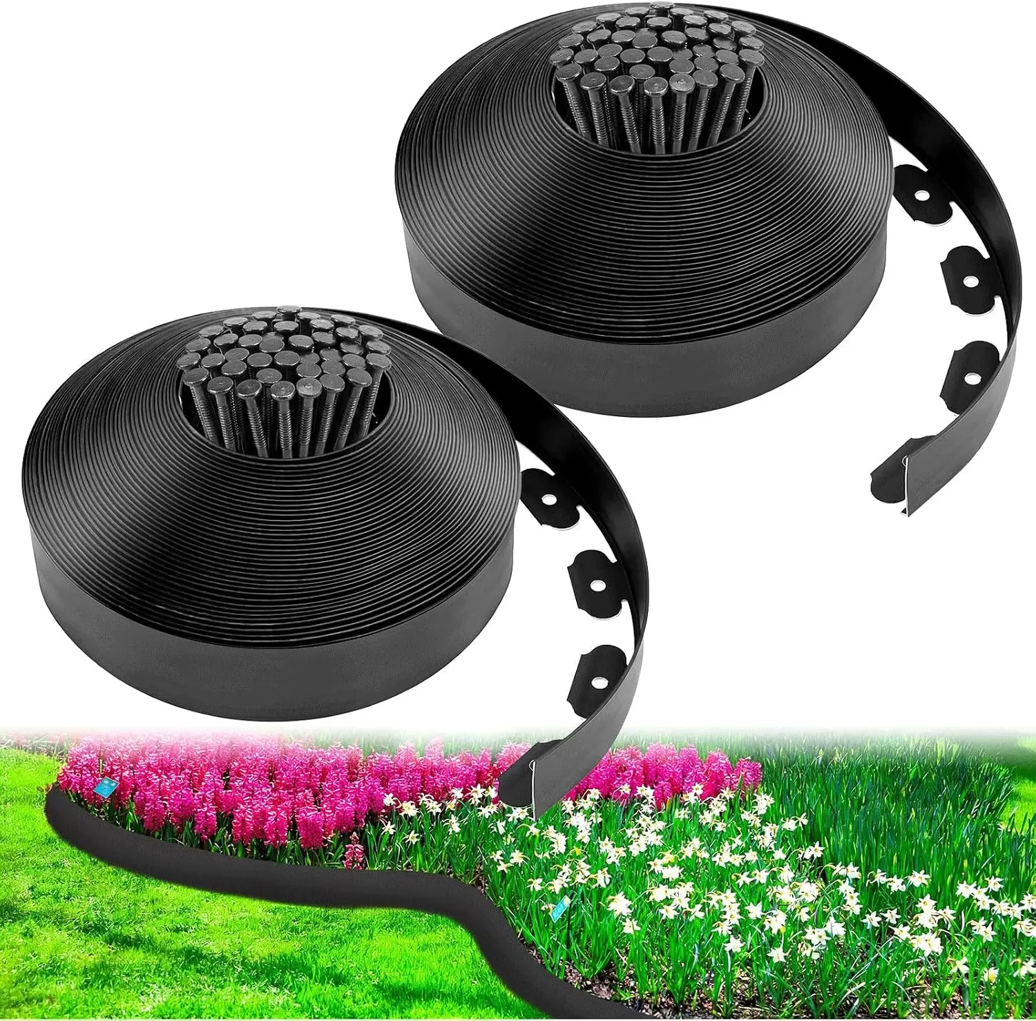 2.5 Inch Landscape Edging Kit, Flexible Plastic Lawn Garden Border Edge With Spikes And Connectors, Decorative Flower Bed Yard Pathway Paver Divider Landscaping Supplies, Black