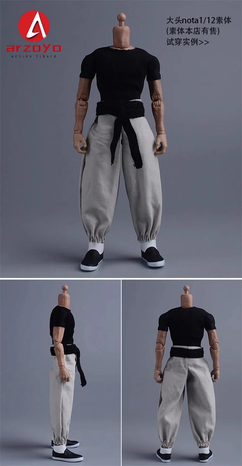 1/12 Scale Vintage Kung Fu Shoes T-shirt Pants Suit Clothes Lantern Pants Model for 6'' Romankey Male Soldiers Action Figure