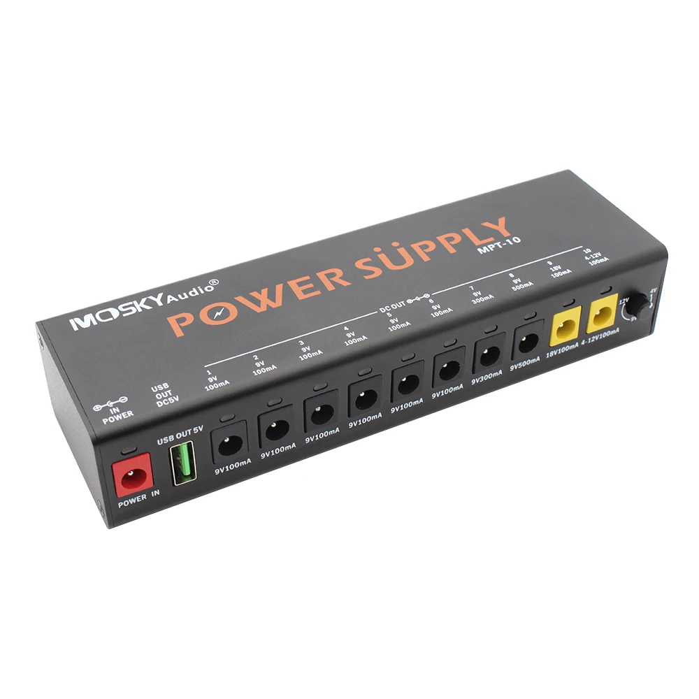 MOSKYAUDIO MPT-10 Guitar POWER SUPPLY 10 Isolated DC Outputs/ 4-12V USB Output for 9V 12V 18V Guitar Effect Pedal