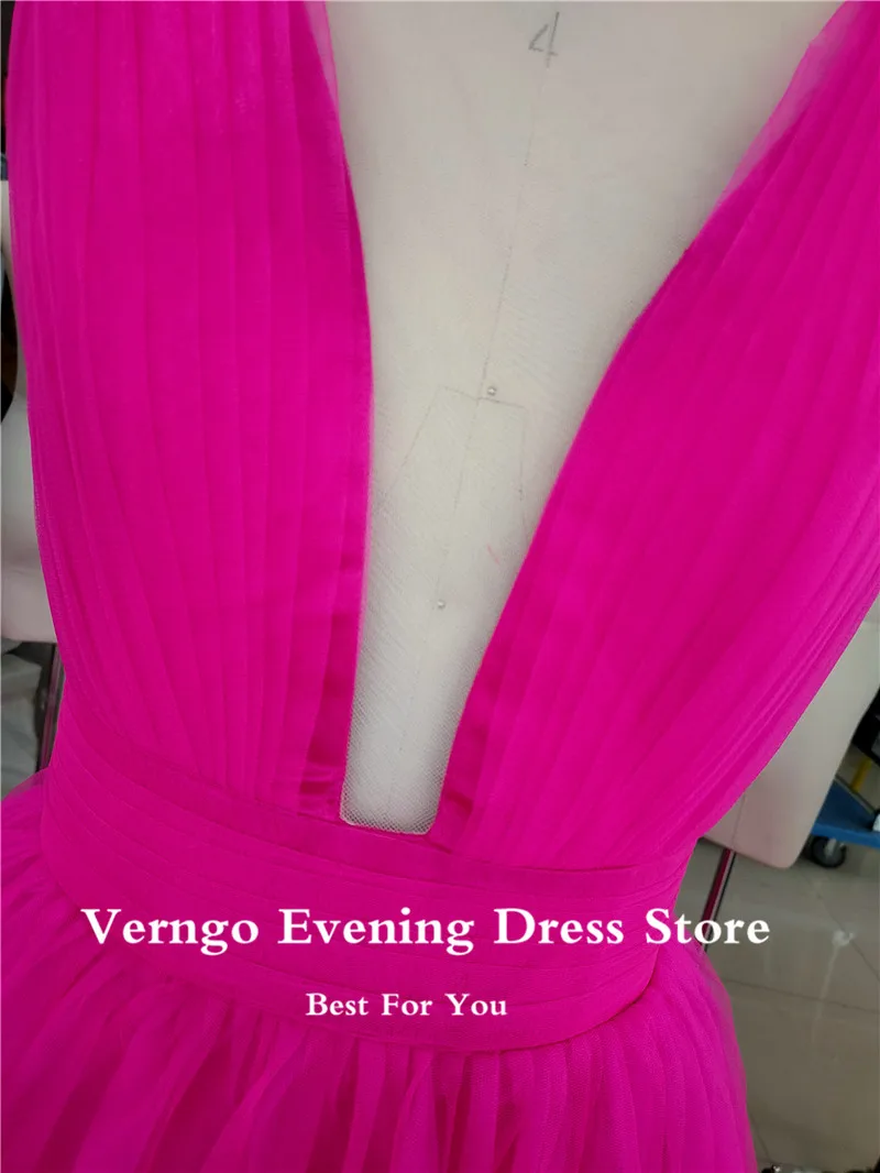 Verngo Elegant Fuchsia Tulle A Line Prom Dresses Sexy Deep V Neck Floor Length Open Back Long Simple 2021 Evening Gowns