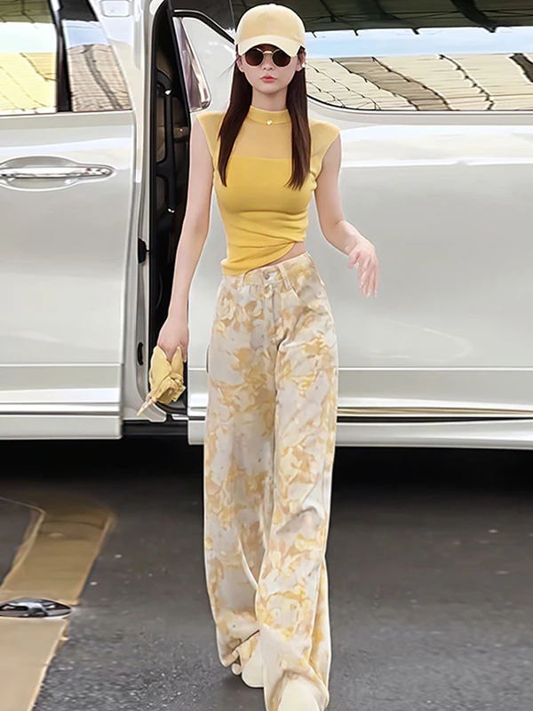 

Fashionable European Style Women's Set Summer Trendy Yellow Half High Collar Shoulder Wrapped T-Shirt Wide Leg Pants Two-Piec...