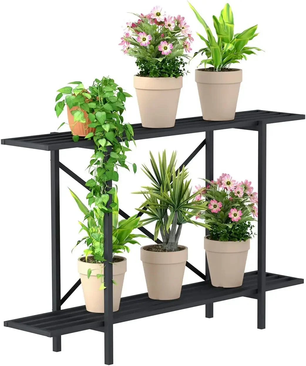 Soporte pesado de Metal de 2 niveles para plantas, soporte estrecho para interiores y exteriores