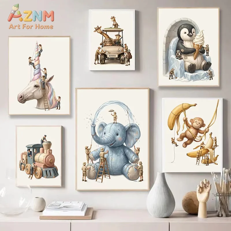 1PC Pastel Unicorn Animals Posters Dragon Golf Penguin Modern Prints Canvas Painting Wall Art Picture Living Room Decor